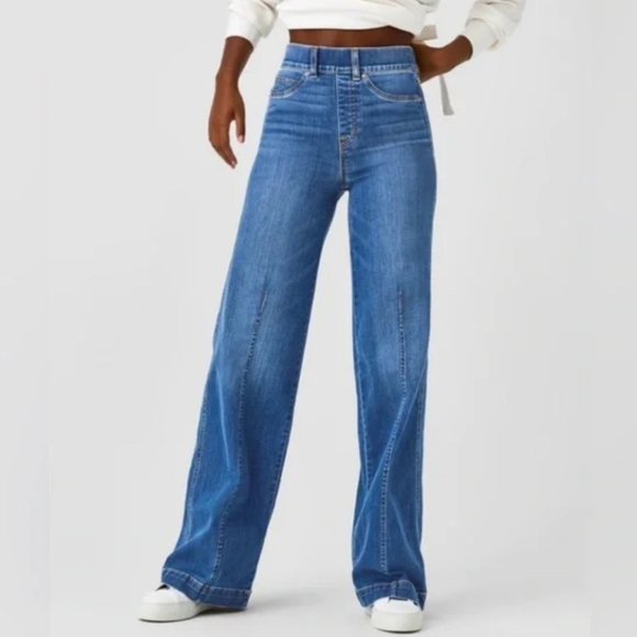 SPANX Women's Seamed Front Wide Leg Pull On Stretch Jeans Vintage Indigo Large - Picture 1 of 10